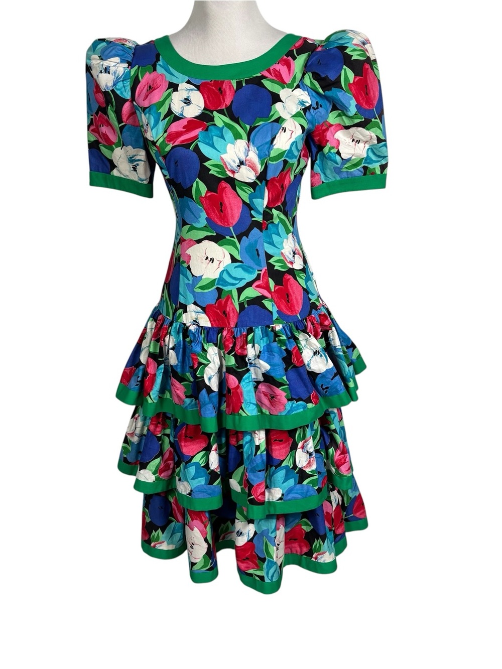 Leslie Lucks Vintage 80s Floral Drop Waist Tiered Party Dress Puff Sleeve USA 4